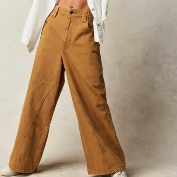FREE PEOPLE Chill Vibes Scout Tan Dropped Wide Leg Jeans Size 27 - Picture 1 of 3